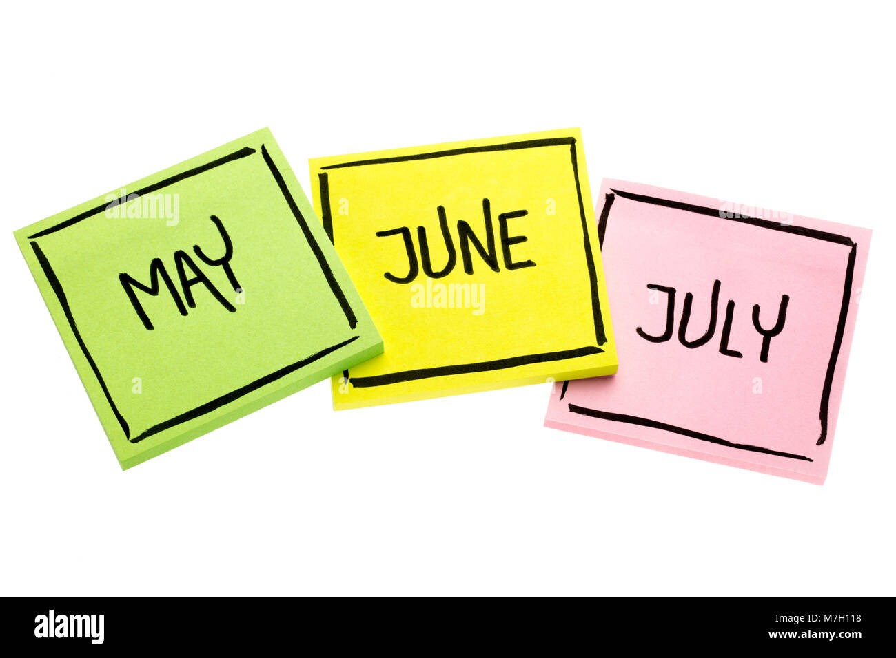 May, June and July - handwriting in black ink on isolated sticky notes ...