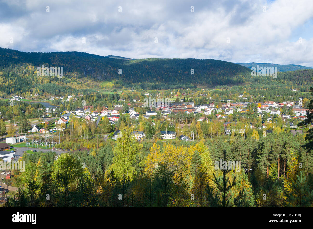 Panoramic view of Evje skyline, Evje, central Norway. Stock Photo