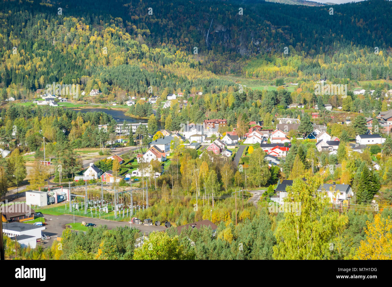 Panoramic view of Evje skyline, Evje, central Norway. Stock Photo