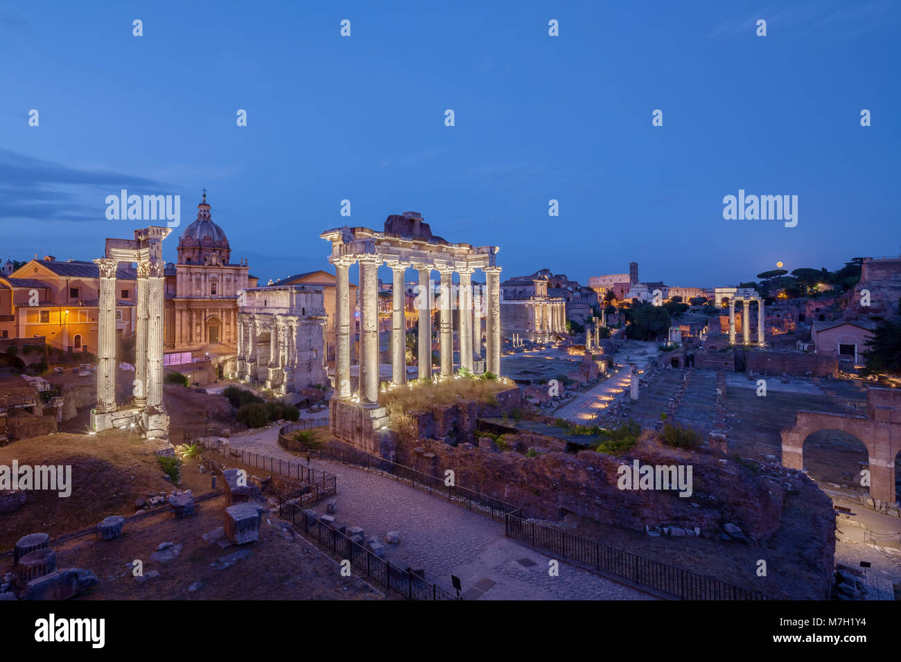 Dusk view of Roman Forum looking East, Rome, Italy Stock Photo