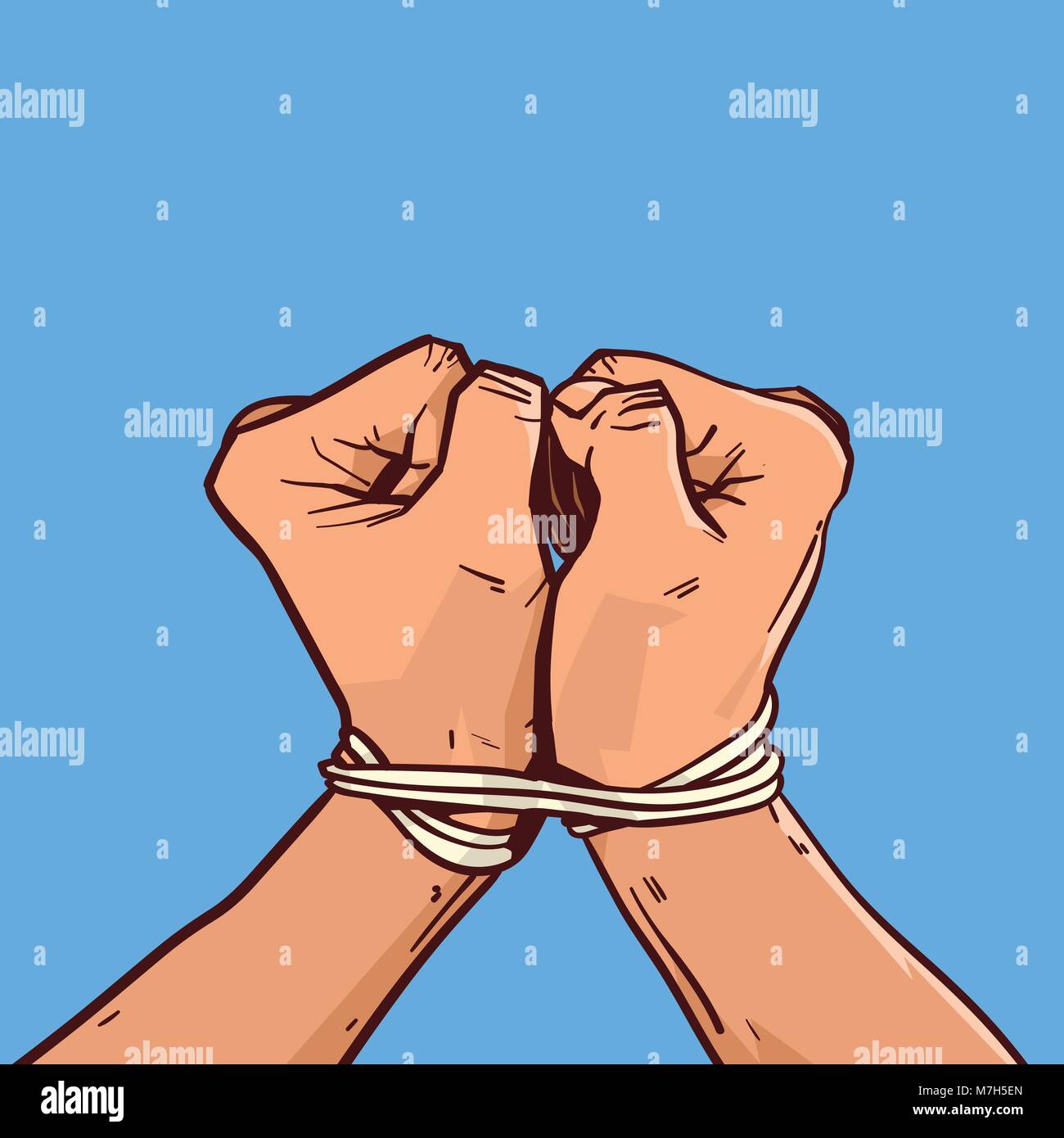 Hands Tied With Rope Isolated Colorful Sketch On Blue Background Stock Vector