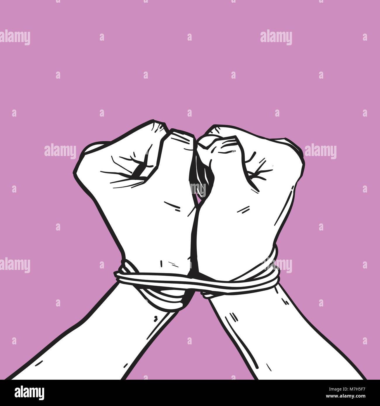 Sketch Hands Tied With Rope Isolated On Violet Background Stock Vector