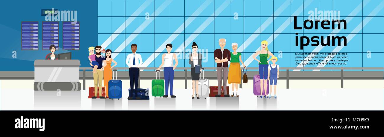 People With Baggage Standing In Line To Counter In Airport For