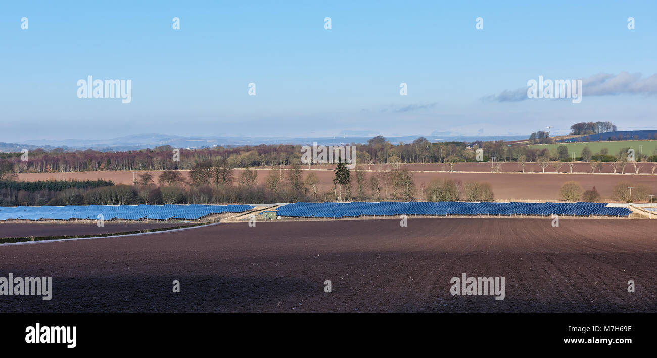 Local Scottish Solar Farms near Arbroath in Angus. Pioneers of Renewable Energy throughout the region, with many smaller Solar Farms being built. Stock Photo