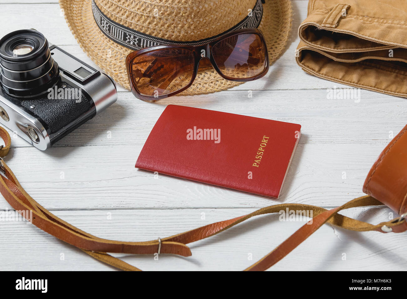 Traveler Items Vacation Travel Accessories Holiday Long Weekend Travelling Stuff Equipment Background Concept Stock Photo