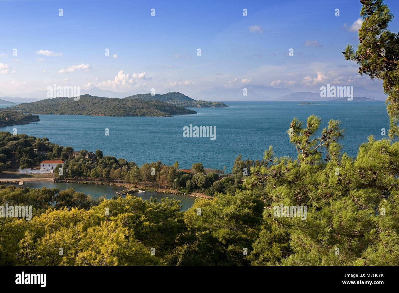 View from the Venetian fortress of Vonitsa over Limeni Lagoon and the Ambracian Gulf, Greece Stock Photo