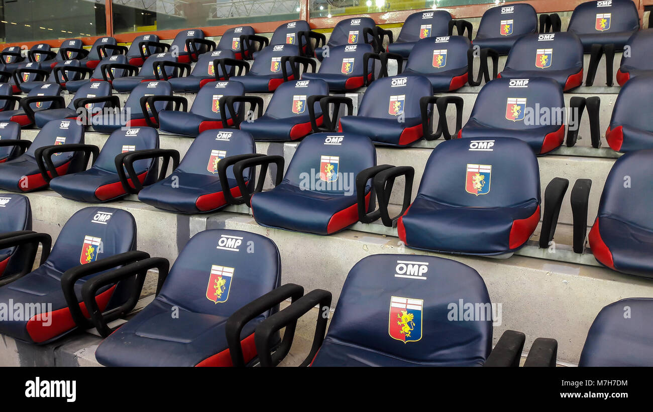 Seats with Genoa Cricket & Football club 1893 logo in the VIP sector, in Luigi Ferraris Stadium of Genoa (Genoa), Italy, during a football match. Stock Photo