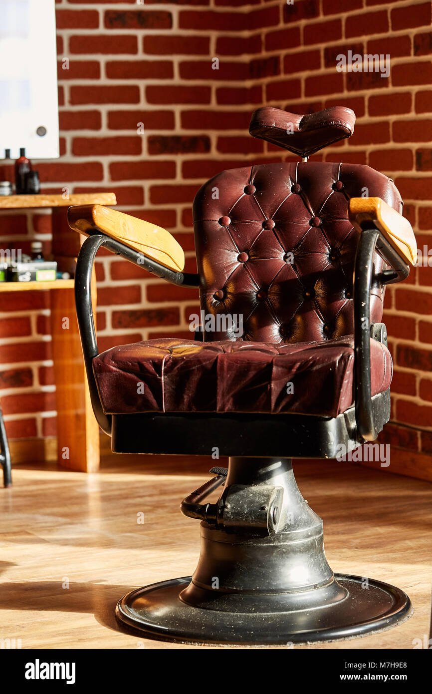 Barber Shop Hairdresser Chairs Made From Brown Leather Retro