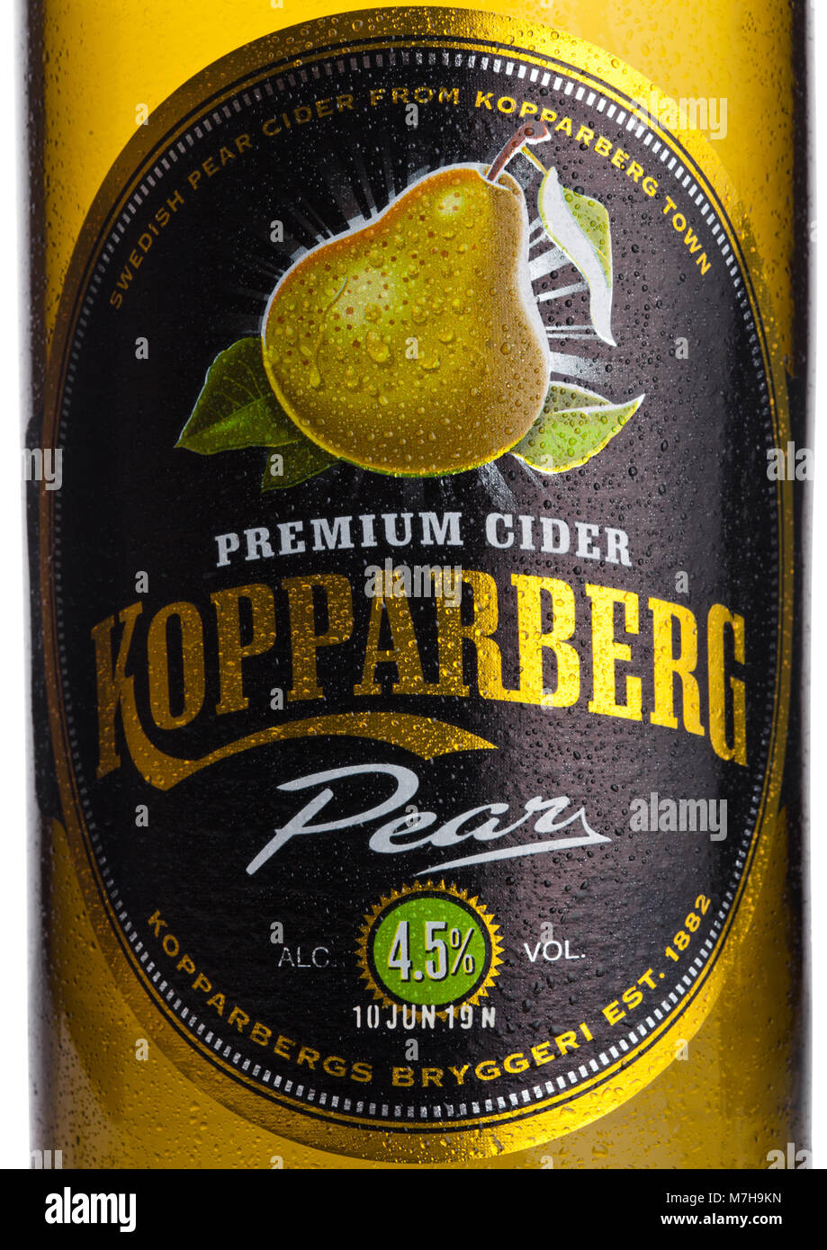 LONDON, UK MARCH 10, 2018 Cold Bottle label of Kopparberg premium