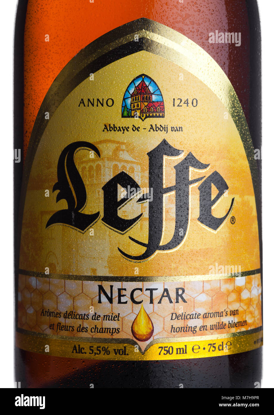 LONDON, UK MARCH 10, 2018 Cold bottle label of Leffe Nectar beer on white background.Leffe