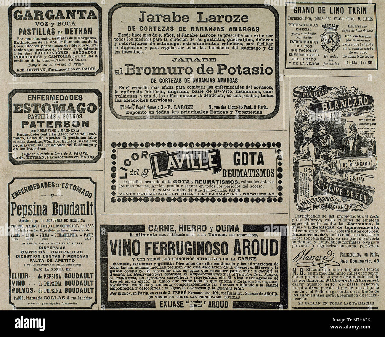 Old commercial advertisements. Medicines and medical remedies. La Ilustracion Artitsica, January 1893. Spain. Stock Photo