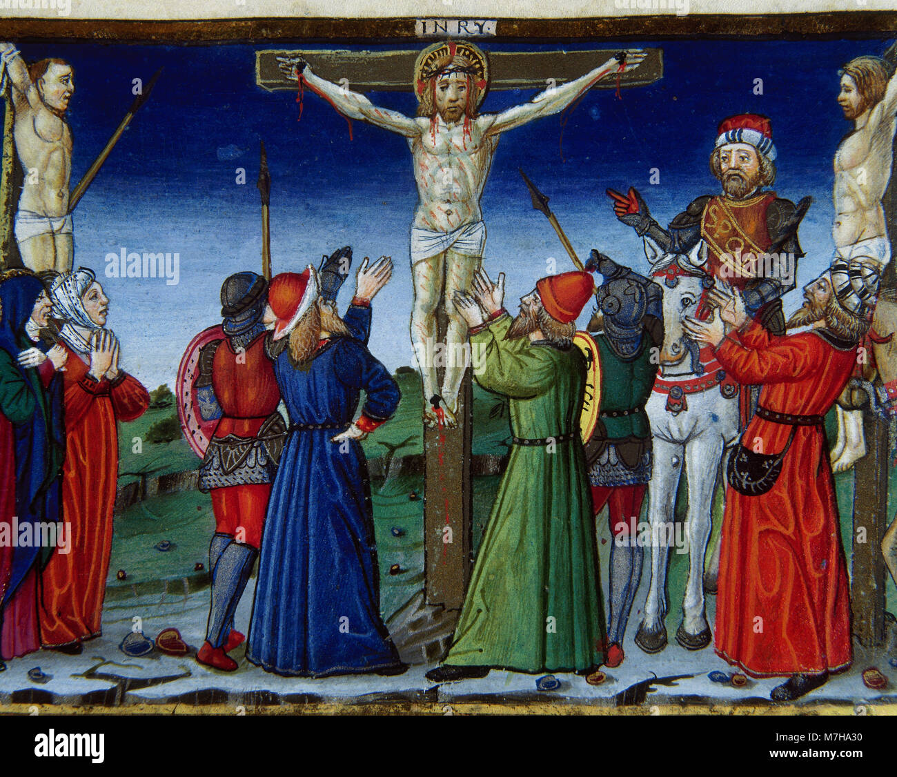 Jesus crucified is surrounded by a crowd of people crying on Mount Calvary. Codex of Predis, 1476. Royal Library. Turin. Italy. Stock Photo