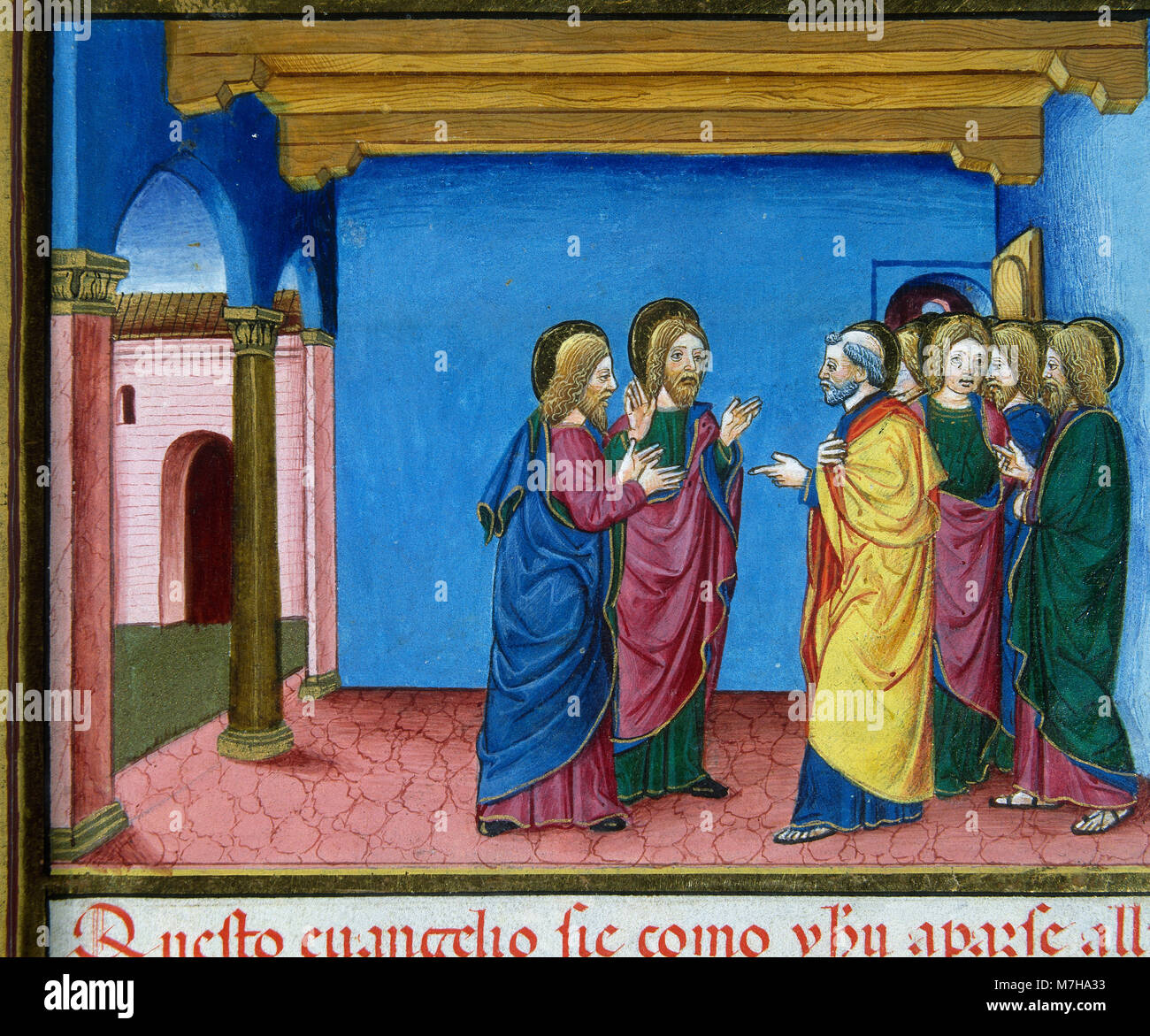 The disciples go to Jerusalem, by orden of Jesus, to tell what happenned. Codex of Predis, 1476. Royal Library. Turin. Italy. Stock Photo