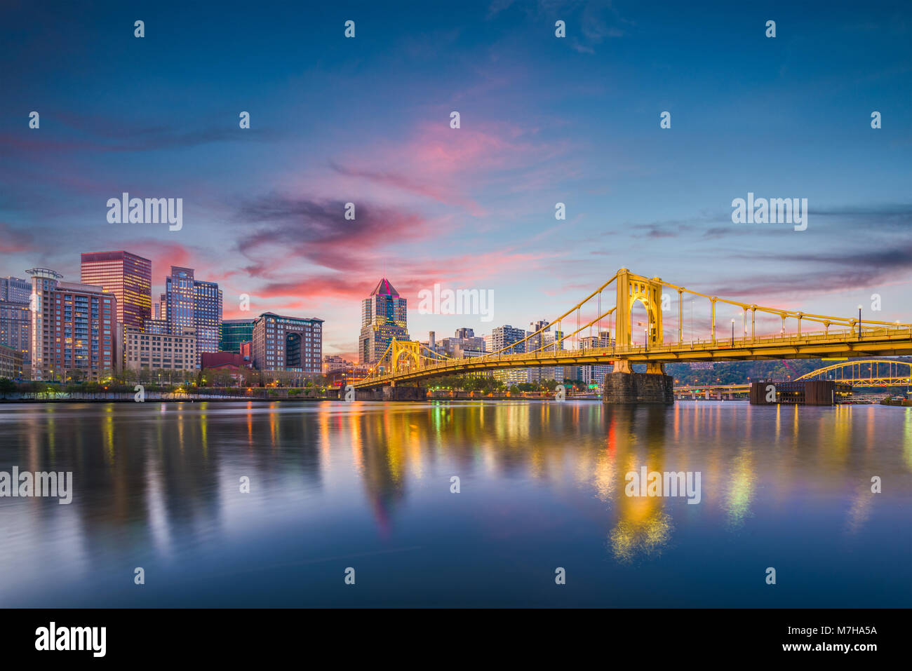 Pittsburgh, Pennsylvania, USA skyline on the river at dusk. Stock Photo