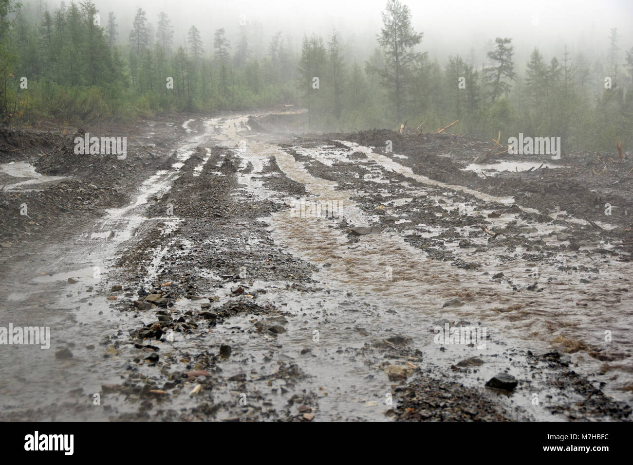 Very bad weather condition on the Kolyma highway while approching the Verkhoïansk mountain range. Stock Photo