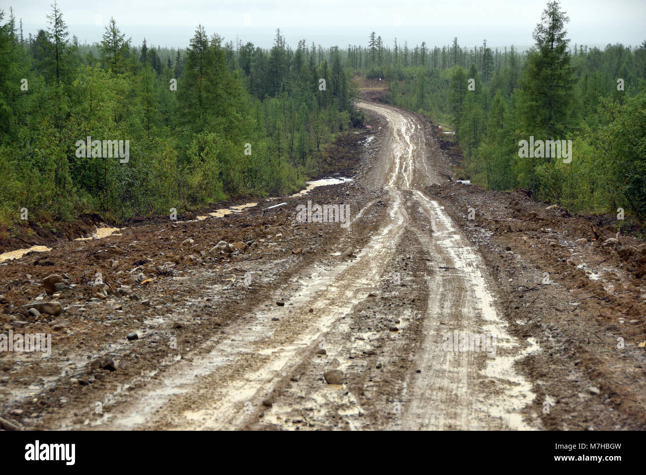 Very bad weather condition on the Kolyma highway while approching the Verkhoïansk mountain range. Stock Photo