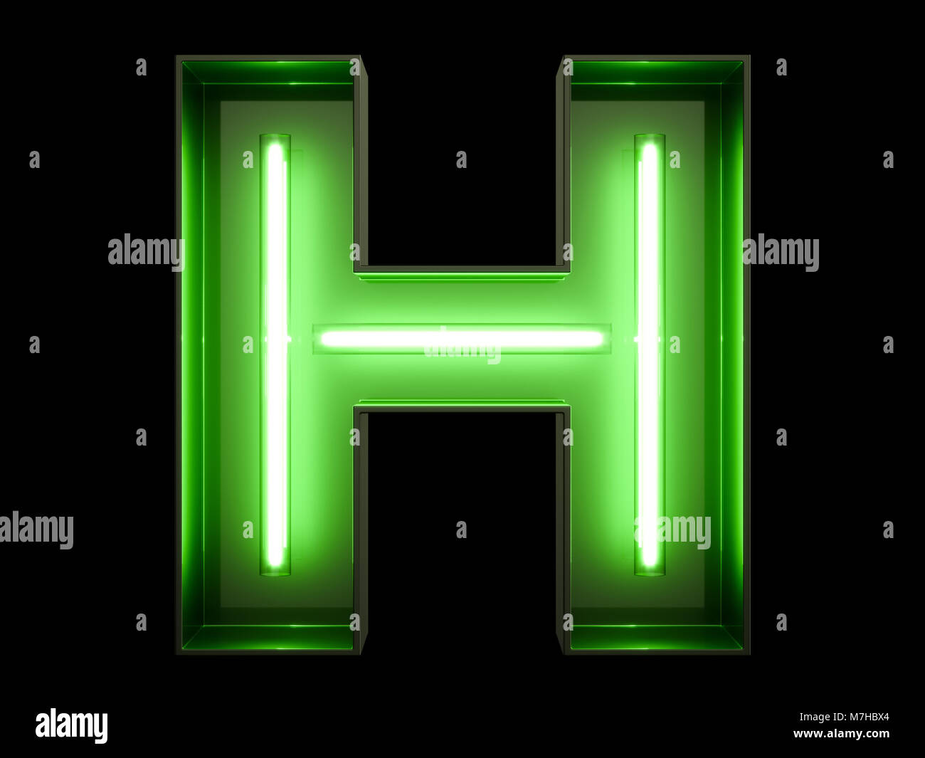 Neon green light alphabet character H font. Neon tube letters glow effect on black background. 3d rendering Stock Photo