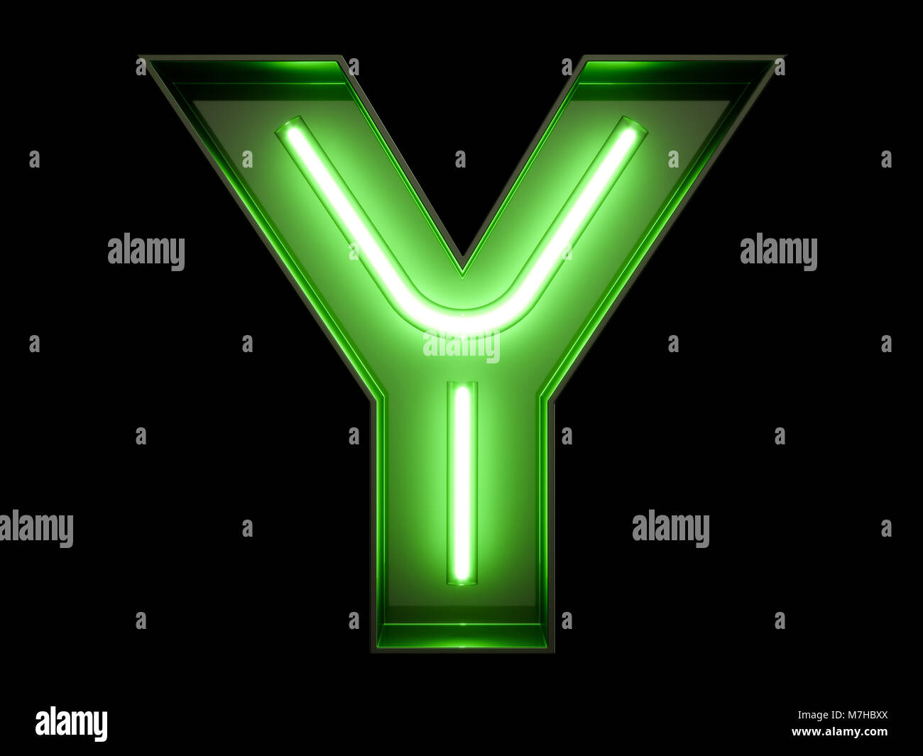 Neon green light alphabet character Y font. Neon tube letters glow