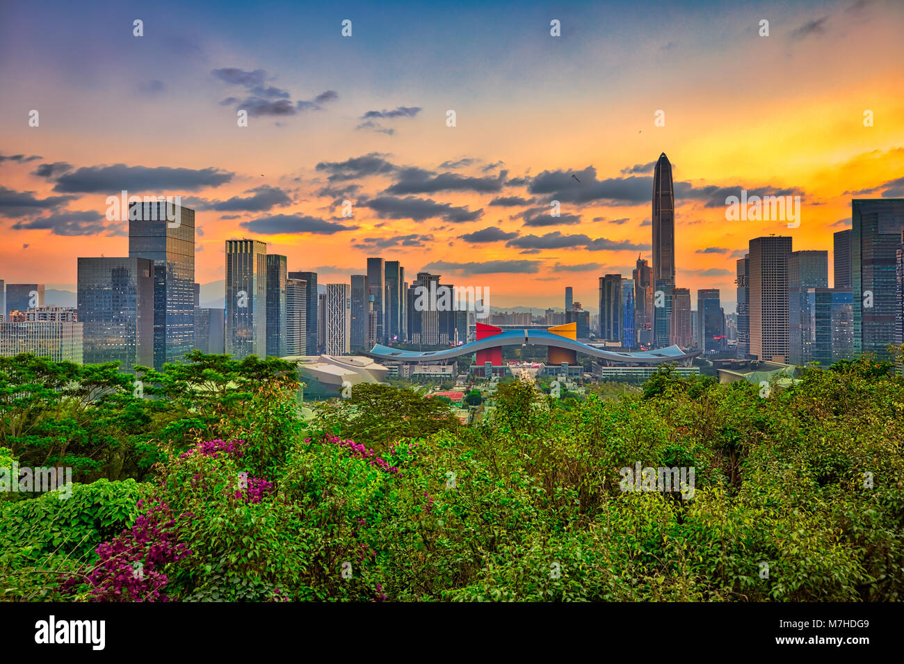 Skyline of Shenzhen city with many skyscrapers and stunning cloudscape at twilight from the top of Lianhua Hill in the city center, Guangdong province Stock Photo