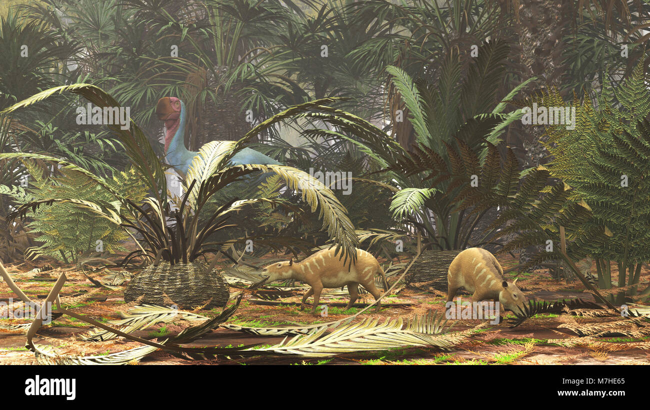 Propalaeotherium grazing on ferns while a Gastornis bird roams in background. Stock Photo