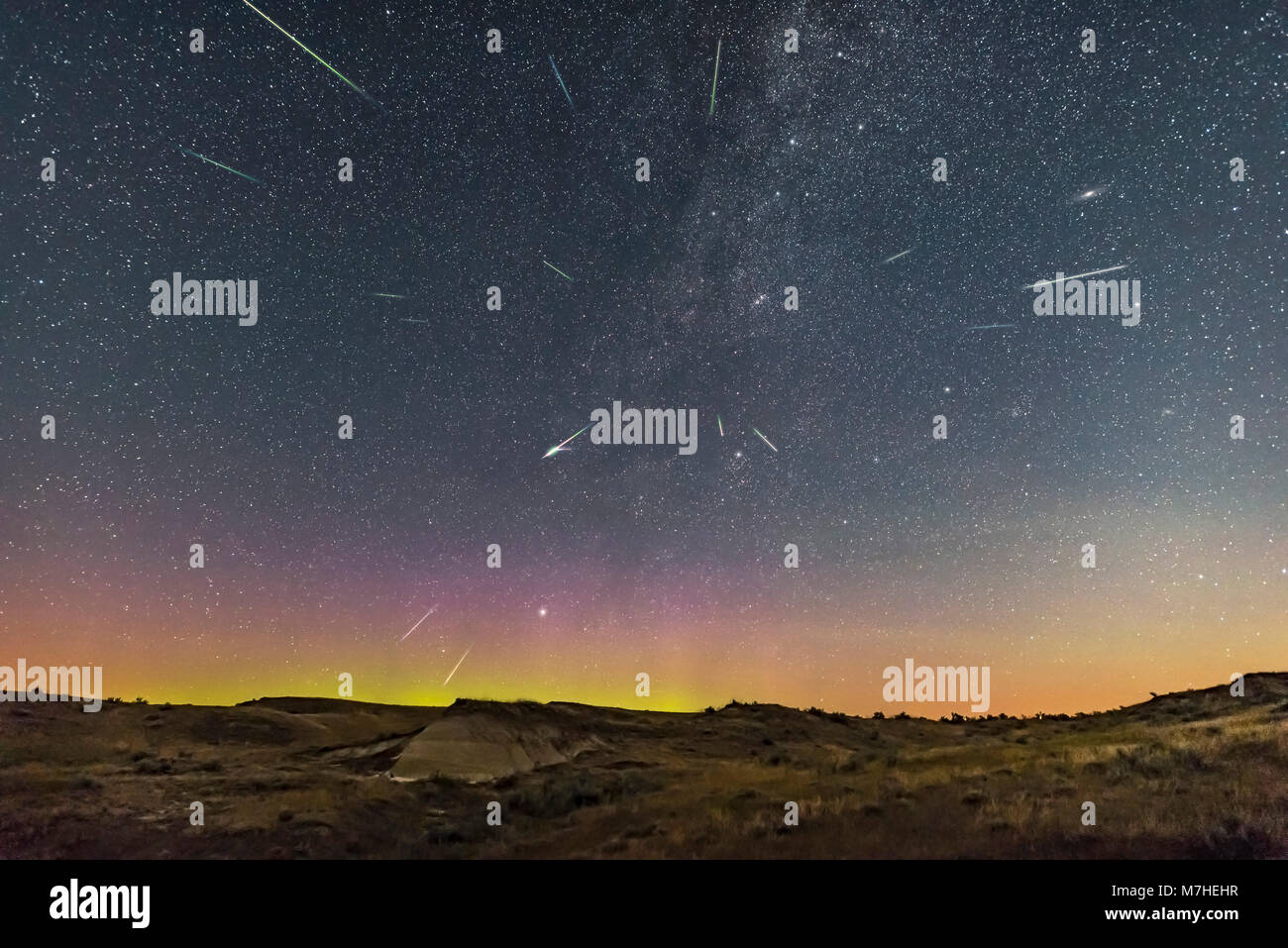 Perseid meteor shower at Dinosaur Provincial Park, Alberta, Canada