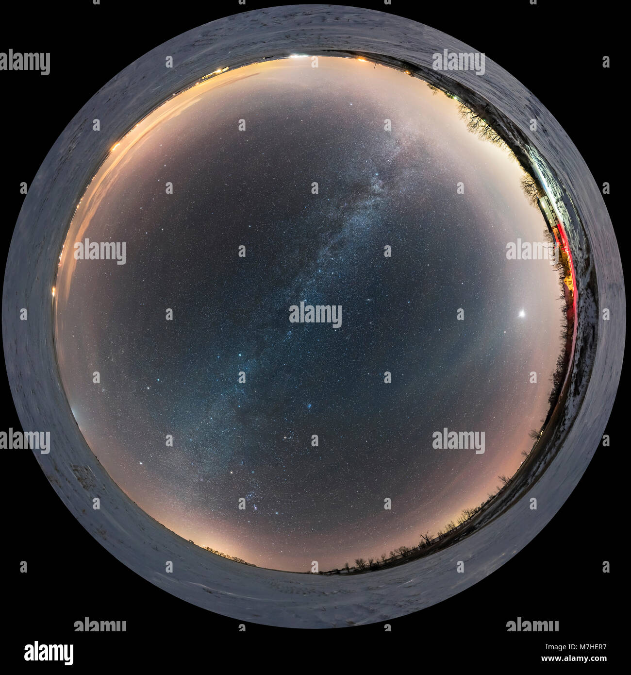 A 360 degree fish-eye scene of the celestial winter sky taken in southern Alberta, Canada Stock Photo