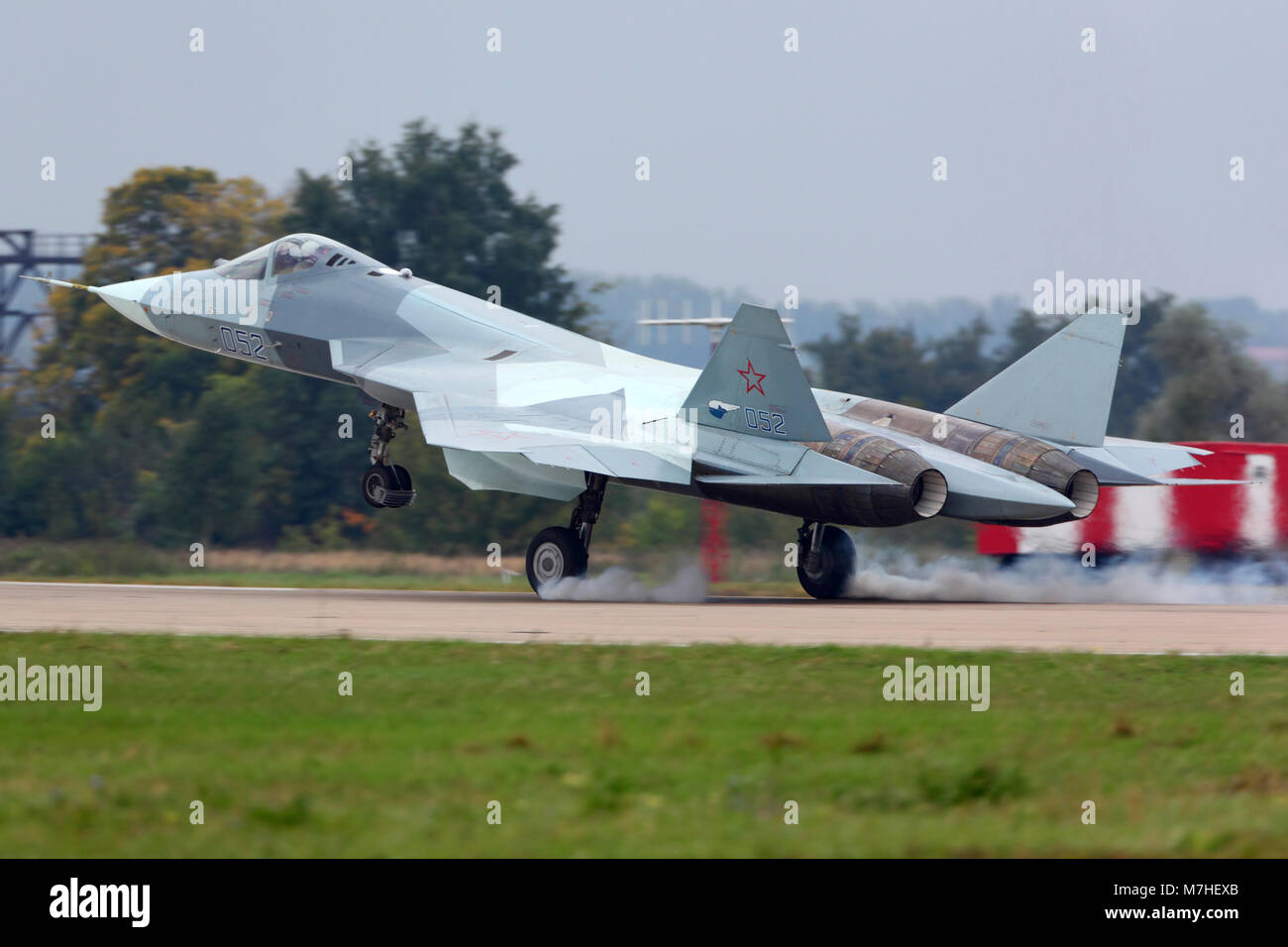 A T-50 PAK-FA fifth generation Russian jet fighter landing in Moscow. Stock Photo