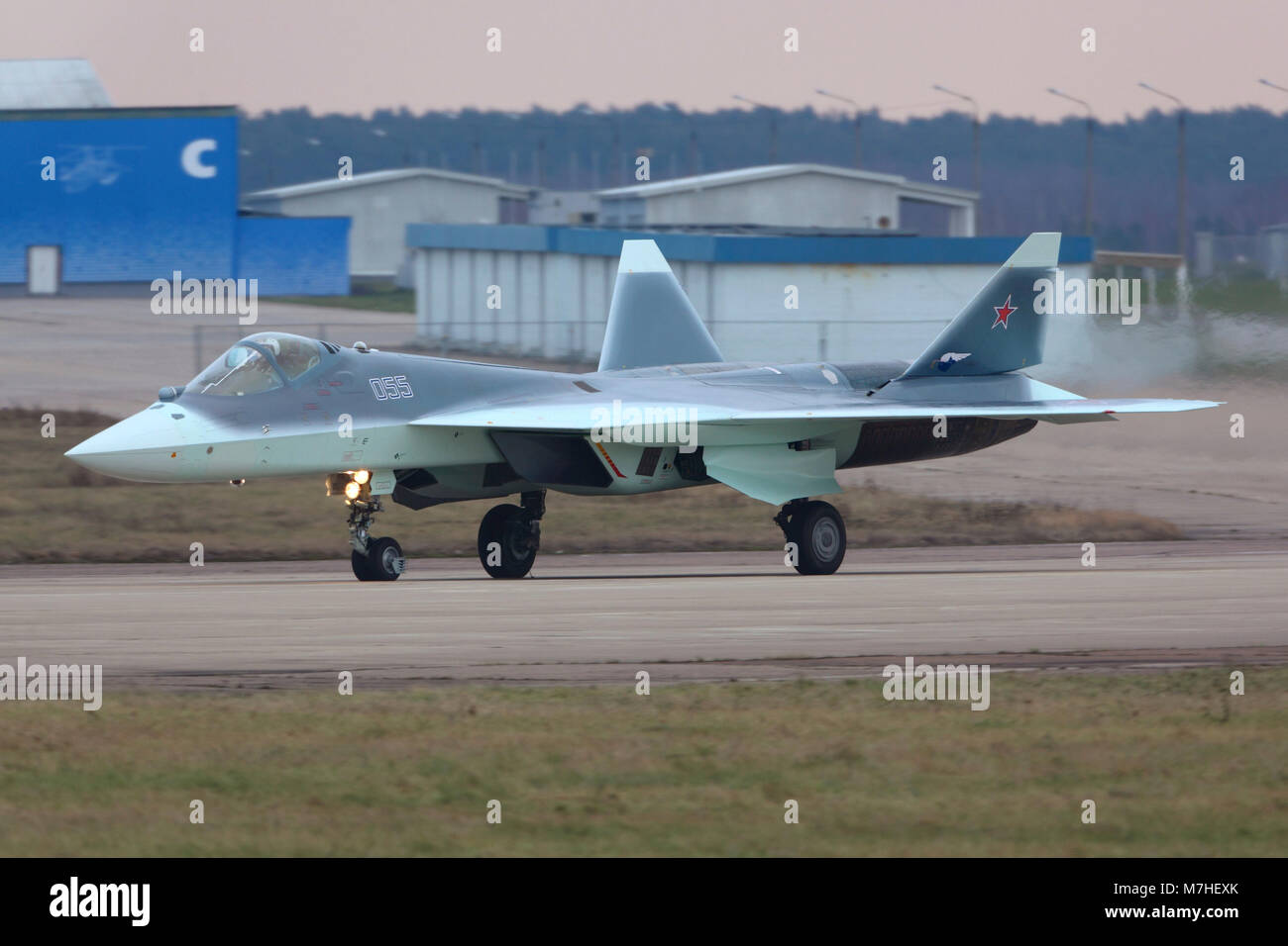 T-50 PAK-FA fifth generation Russian jet fighter landing in Russia. Stock Photo