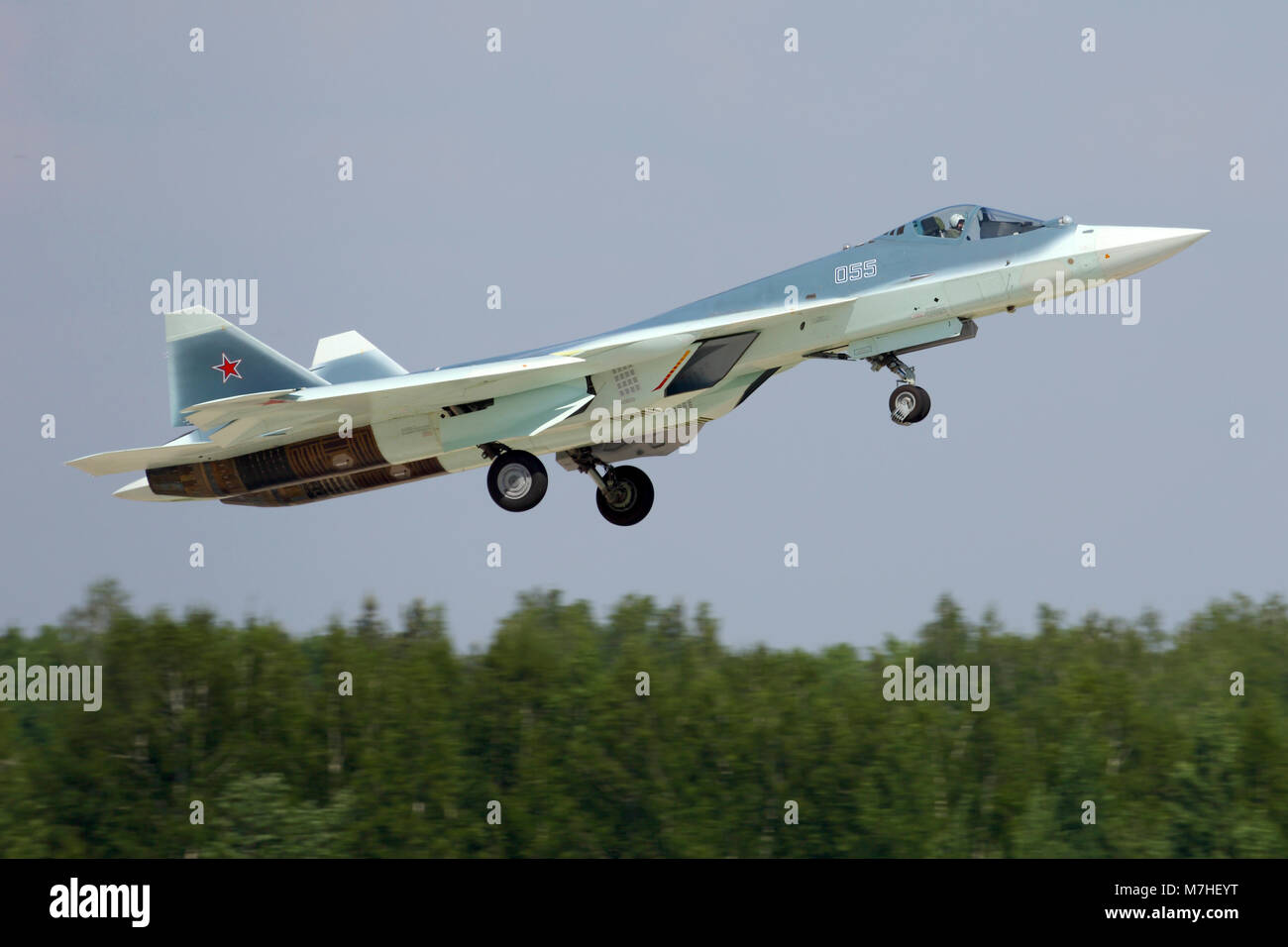 T-50 PAK-FA fifth generation Russian jet fighter taking off. Stock Photo