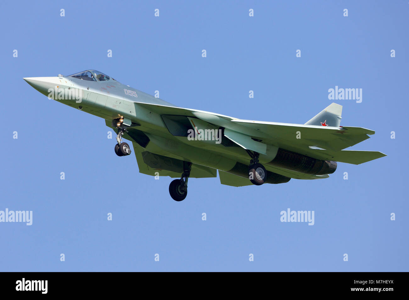 T-50 PAK-FA fifth generation Russian jet fighter landing Stock Photo