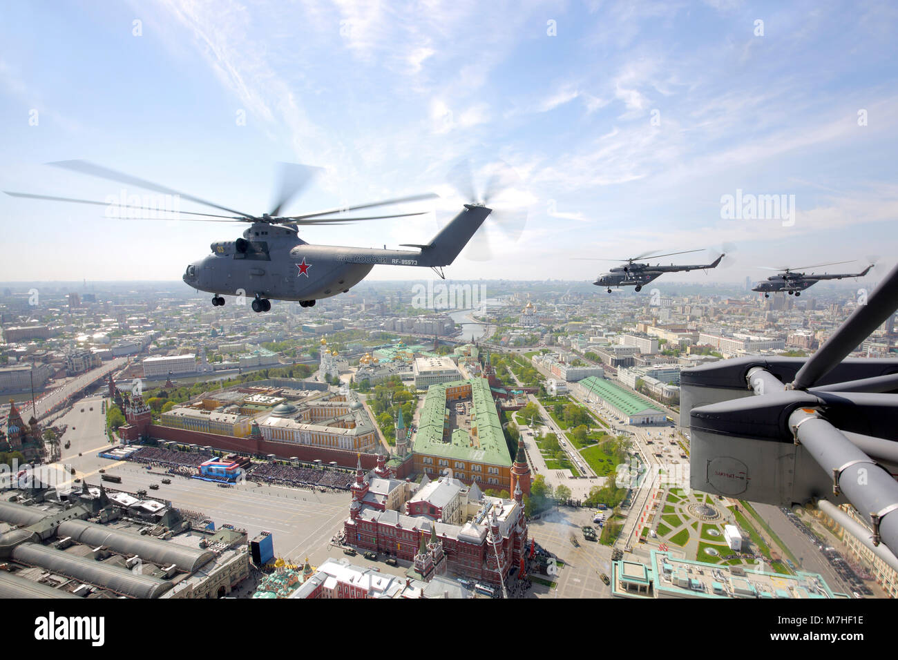 Mil Mi-26 transport helicopters of the Russian Air Force fly over Moscow. Stock Photo