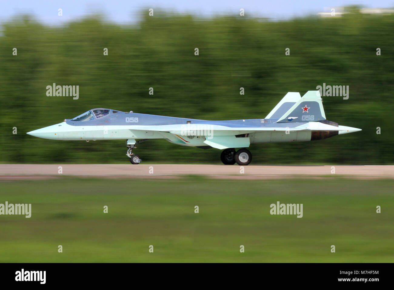 T-50 PAK-FA Russian jet fighter taking off. Stock Photo