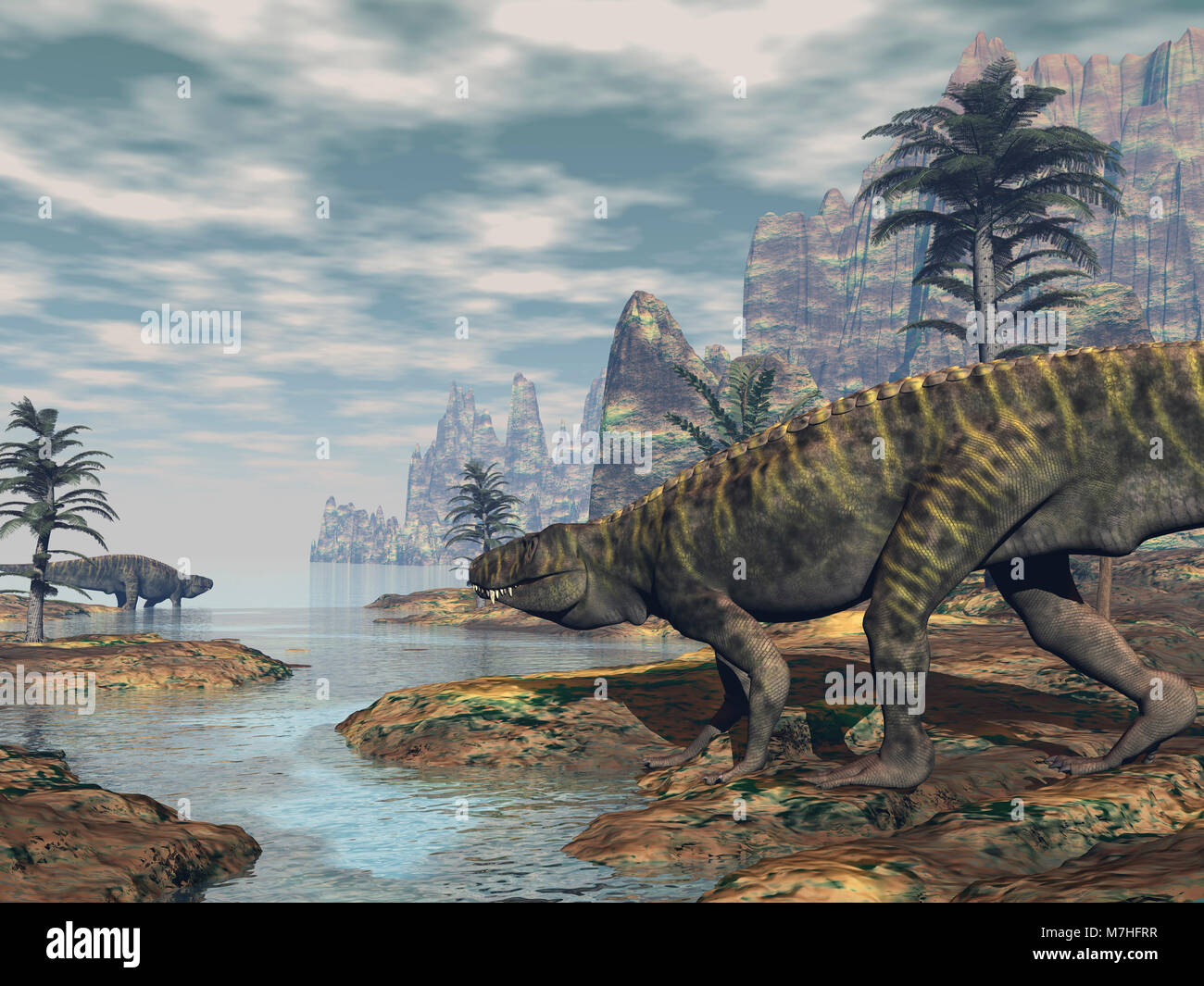 Two Batrachotomus dinosaurs on the coastline. Stock Photo