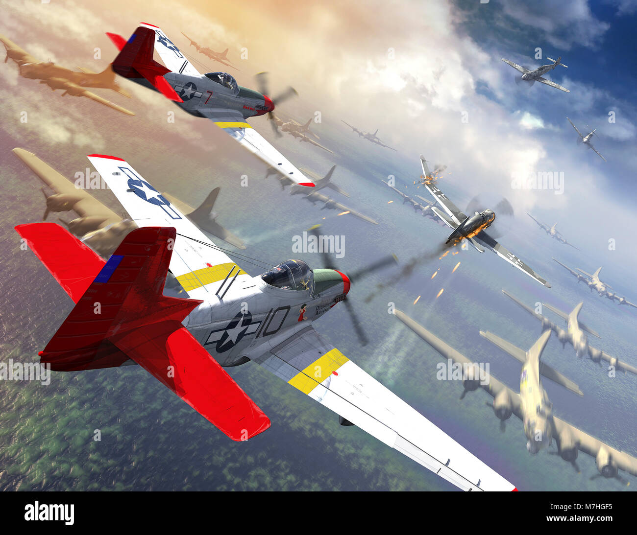 P-51 Mustangs escorting B-17 bombers from German fighter planes. Stock Photo
