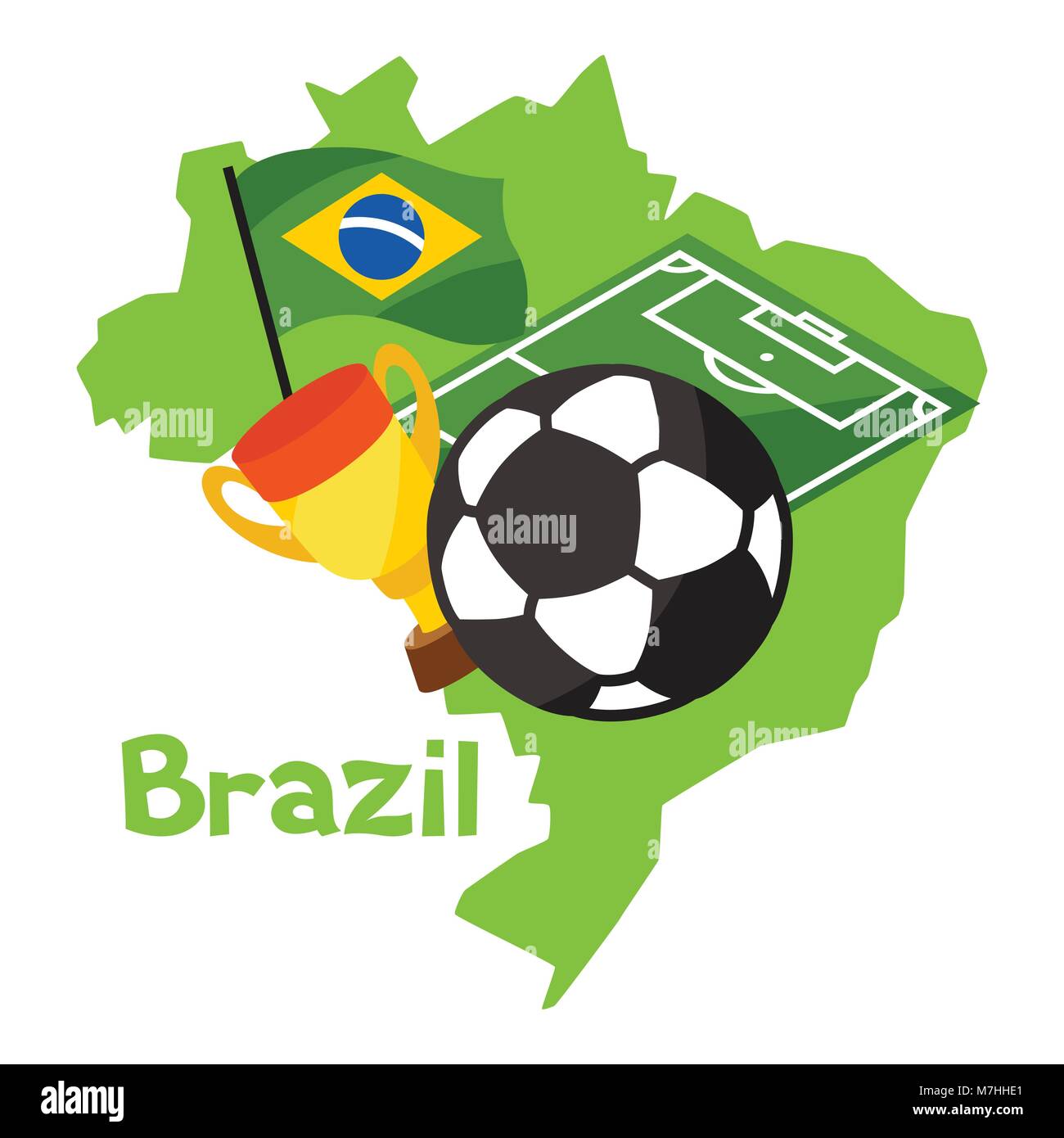 Stylized map of Brazil with soccer ball and flag Stock Vector