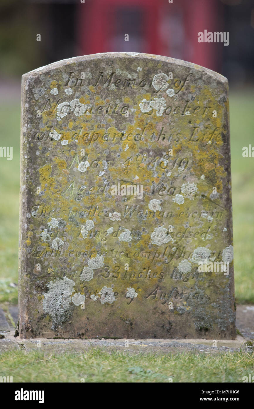 The grave of Nanetta Stocker, who died in 1819, stands outside St Philip's Cathedral in Birmingham. She was named the smallest women in the British Isle at just 33 inches tall, and her gravestone stands just a little taller than she did. Stock Photo