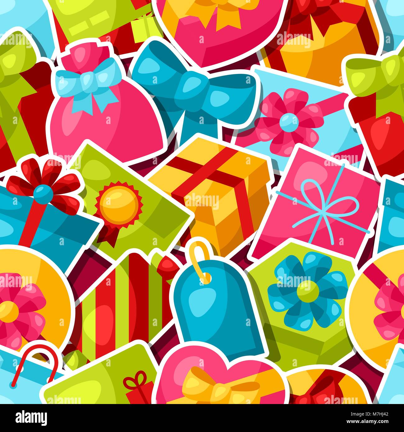 Seamless celebration pattern with colorful sticker gift boxes Stock Vector