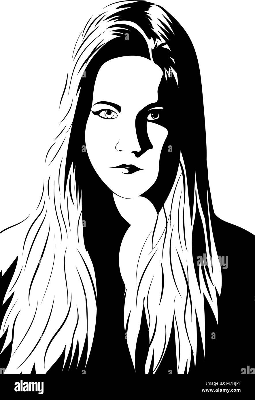 Vector shadow portrait of a young woman with long hair in black and white Stock Vector