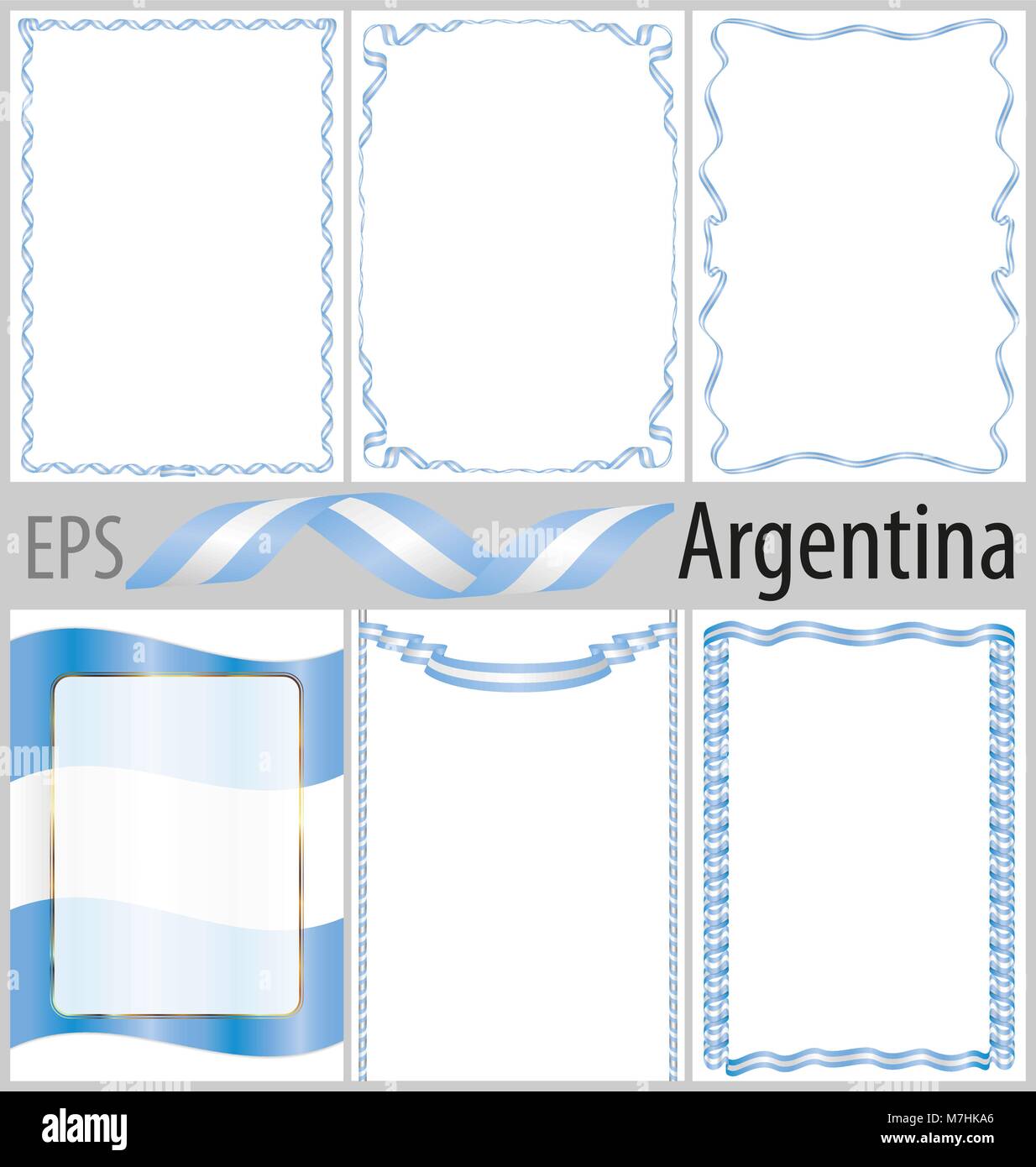 Set of 6 frames and borders with coloring Argentina flag Stock Vector