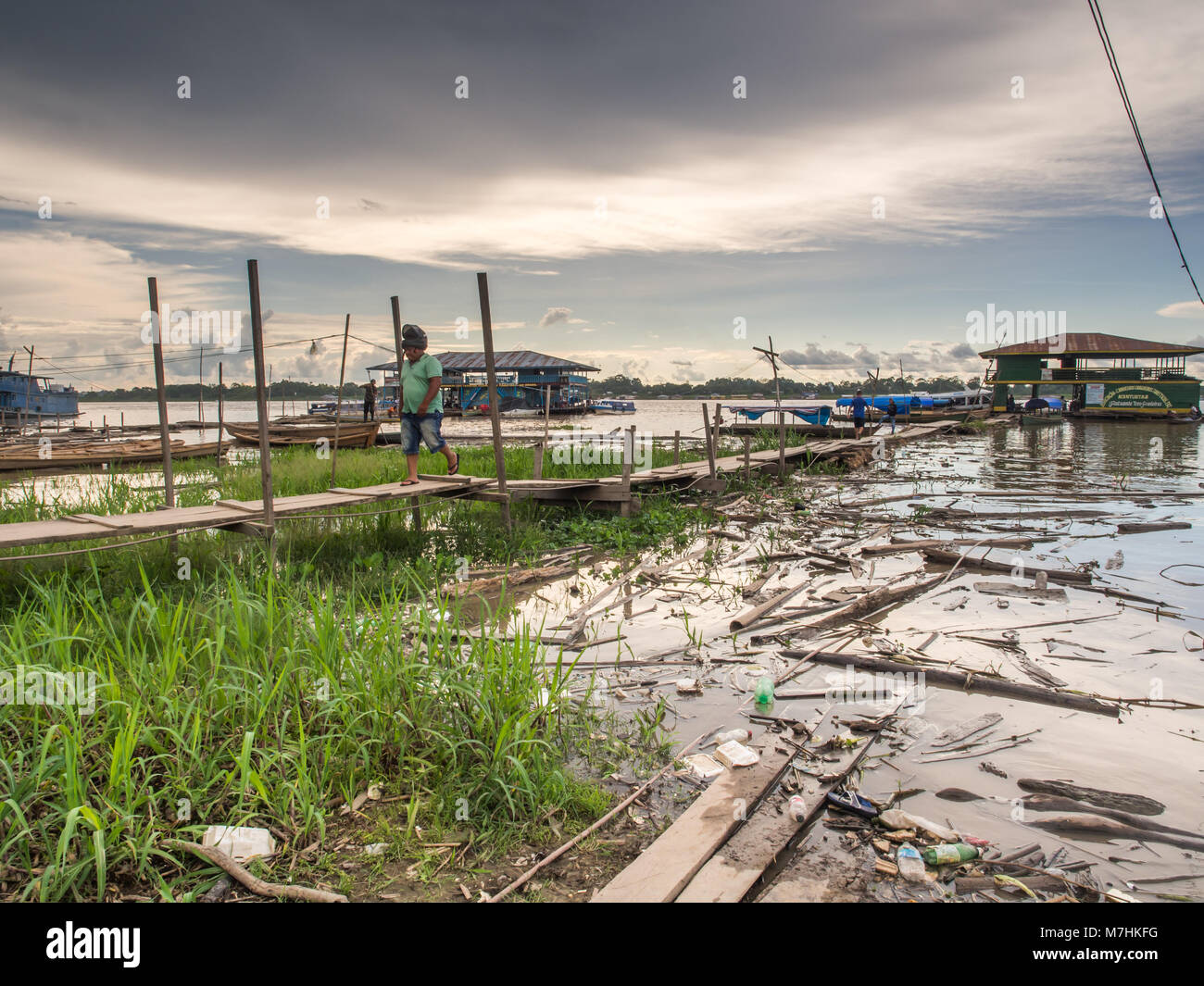 Tabatinga, Brazil - Dec 09, 2017: Pollution in the port of Amazon river, during the low water. Stock Photo
