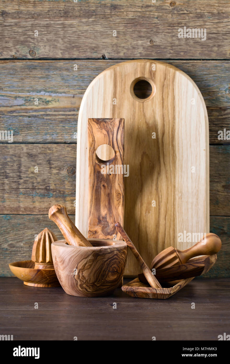 Set of wooden kitchen utensils made from olive wood Stock Photo Alamy