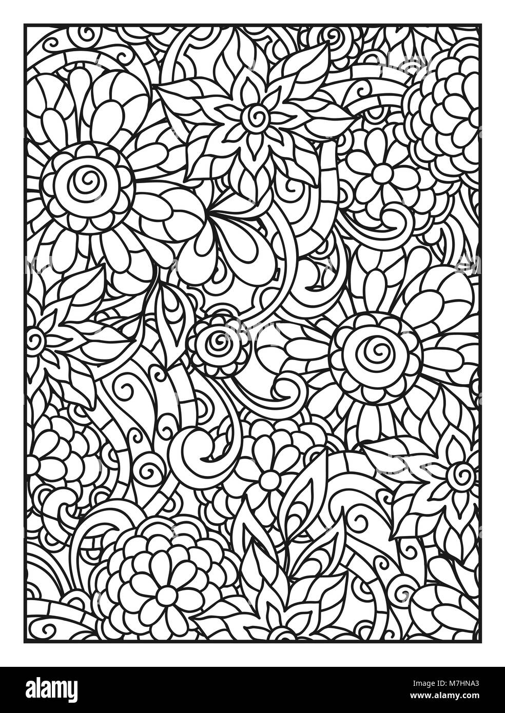 Background with line flowers for adult coloring page printing and drawing Stock Vector