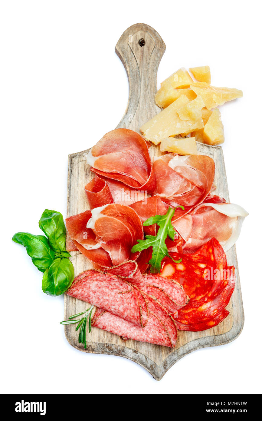 Italian prosciutto crudo or spanish jamon, sausage and cheese Stock