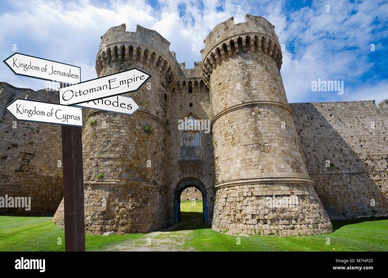 Imaginary view of Marine Gate (Sea Gate) in the past, signpost leading direction to places important for Knights of Rhodes - their previous headquarte Stock Photo