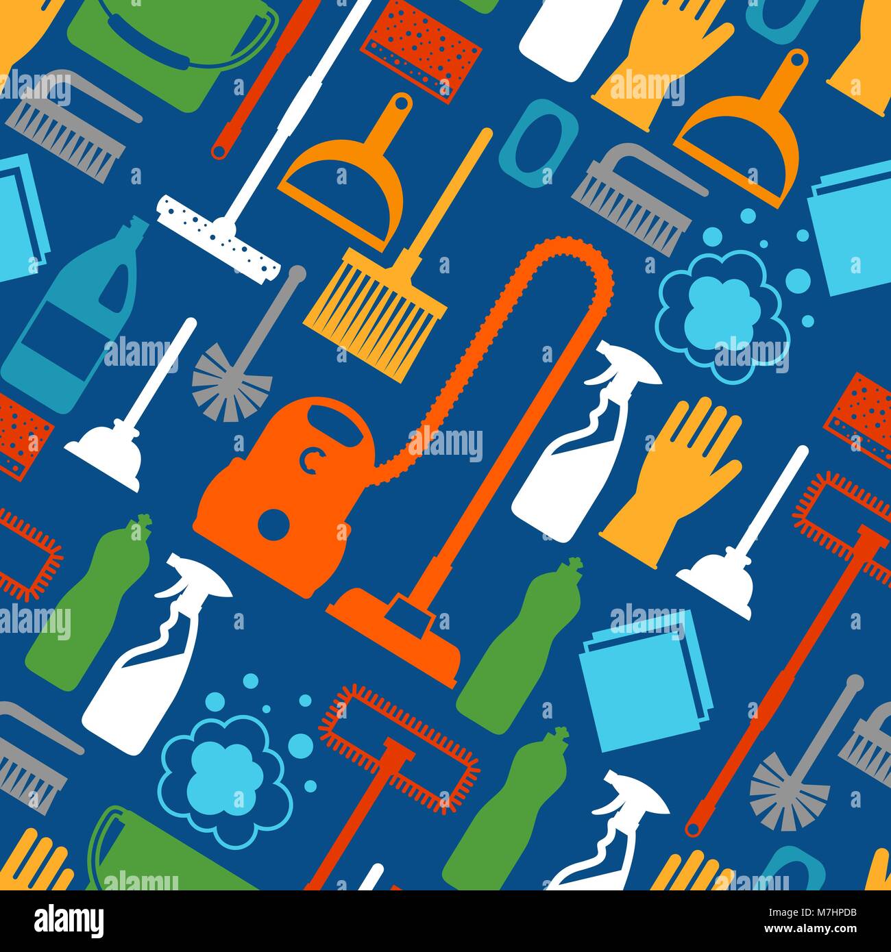 Housekeeping lifestyle seamless pattern with cleaning icons. Background 