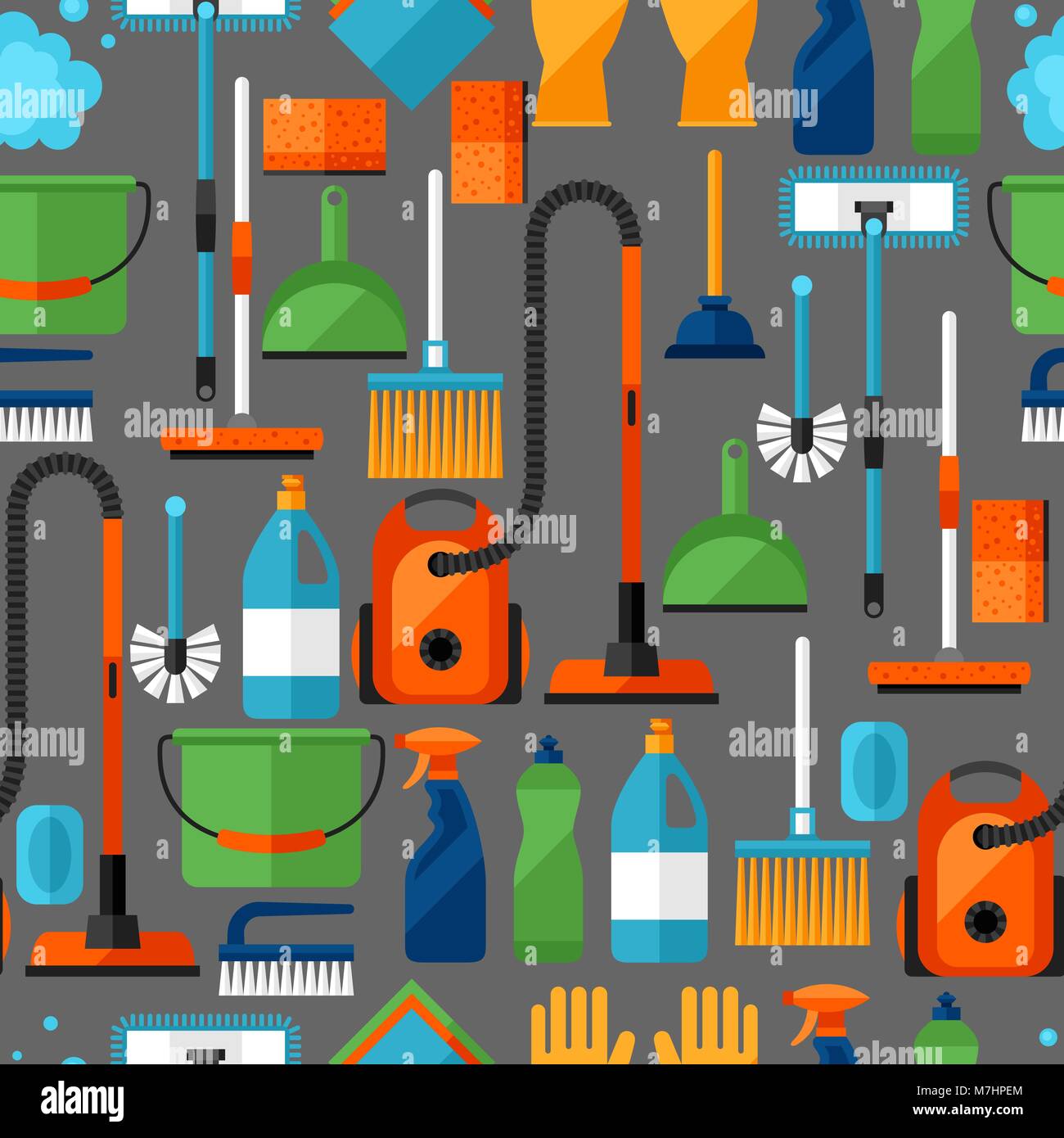 Housekeeping lifestyle seamless pattern with cleaning icons. Background