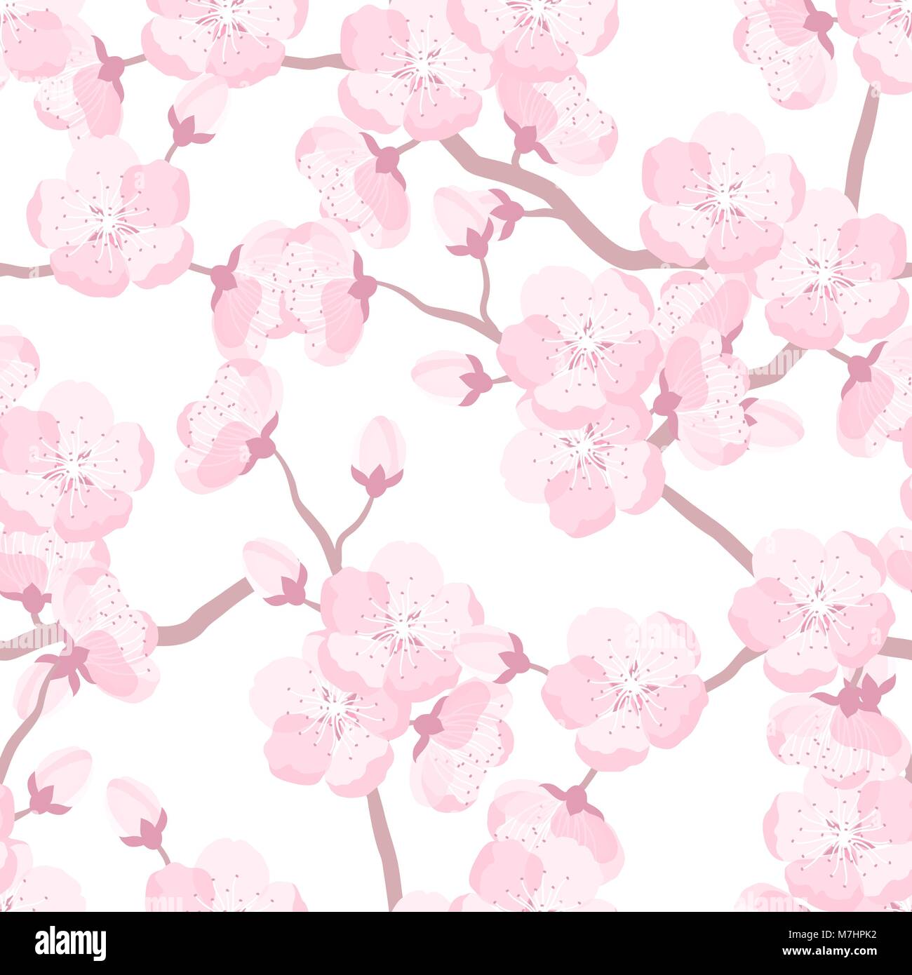 Japanese sakura seamless pattern with stylized flowers. Background made without clipping mask. Easy to use for backdrop, textile, wrapping paper Stock Vector