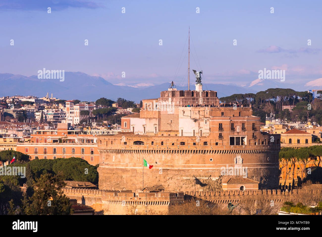 Castel Sant'Angelo (Castle of Holy angel) at golden hour. seen from Janiculum hill,  Rome. Lazio. Italy. Stock Photo