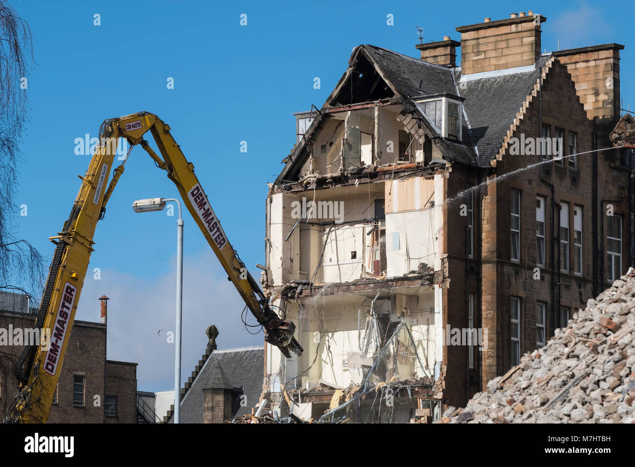 Demolition work on old Western Infirmary hospital in Glasgow West End , Scotland, United Kingdom Stock Photo