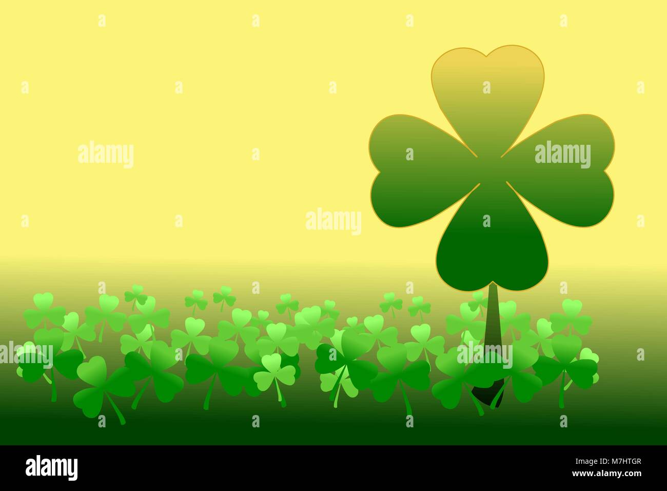 Happy Saint Patrick's day. Pattern of shamrocks, 4-leaf clover among 3-leaf clovers on gold and green gradient background. Vector illustration. Stock Vector